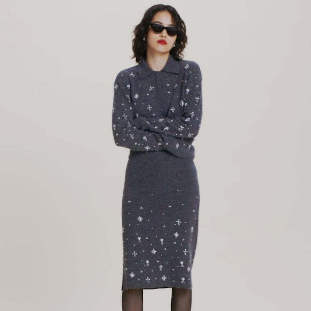 NWT J.crew Embellished sweater-polo in wool blend Sz M Charcoal Gray - Picture 2 of 2